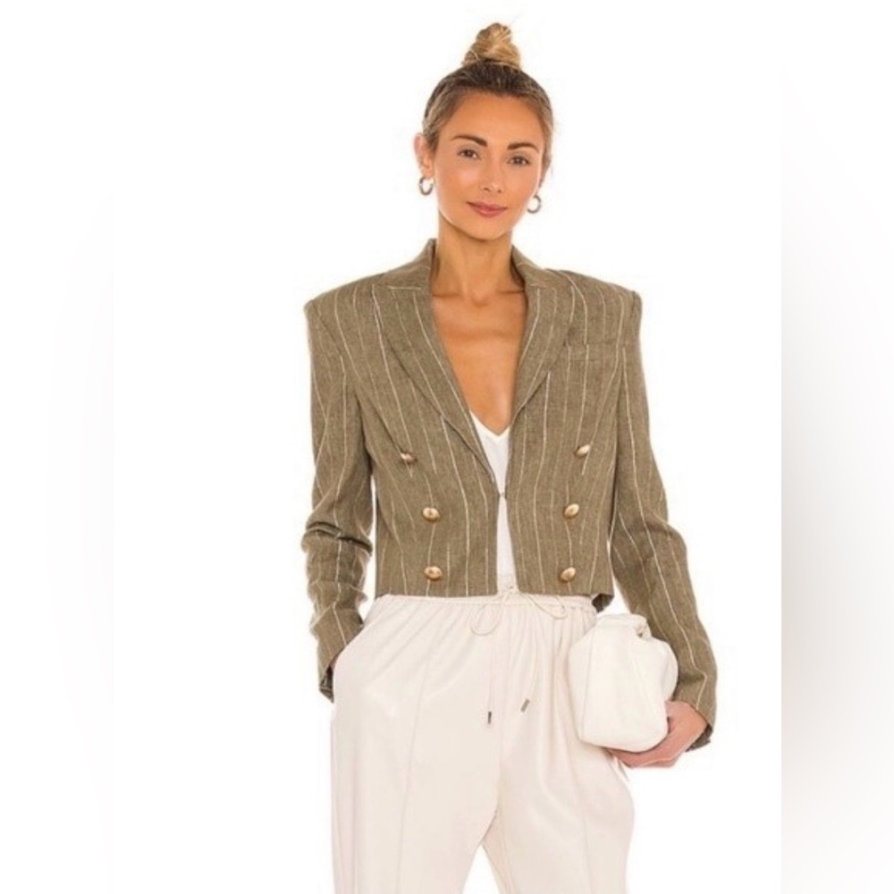 L'AGENCE Inez Crop Blazer Metallic Stripe Linen Cotton Double Breasted Jacket 6